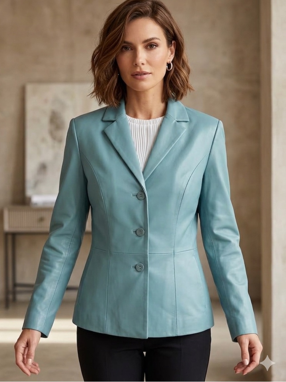Danier Light blue ladies Leather Blazer Jacket trendy work, Travel Y2K
